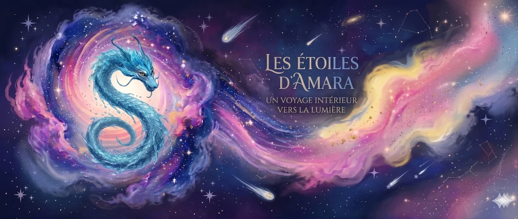Bannière illustrée des Étoiles d'Amara montrant un dragon d'eau bleu mystique au cœur d'une galaxie nébuleuse colorée, avec le sous-titre : Un voyage intérieur vers la lumière.