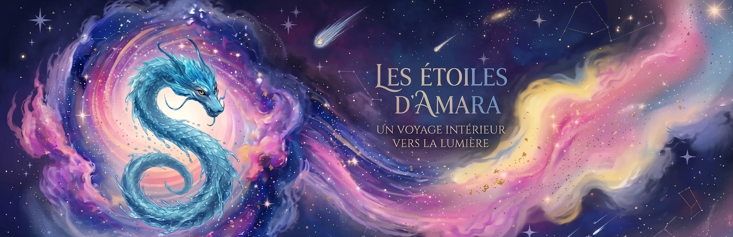 Bannière illustrée des Étoiles d'Amara montrant un dragon d'eau bleu mystique au cœur d'une galaxie nébuleuse colorée, avec le sous-titre : Un voyage intérieur vers la lumière.